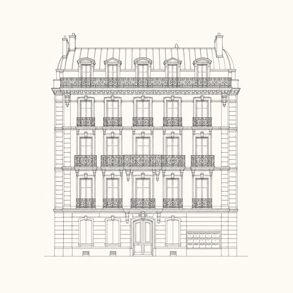 Dessin au trait d'une façade d'immeuble parisien et de ses boîtes aux lettres